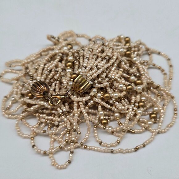 Vintage Multi Strand Seed Pearl & Gold Tone Beaded Necklace With Decorative Clas - Picture 7 of 7